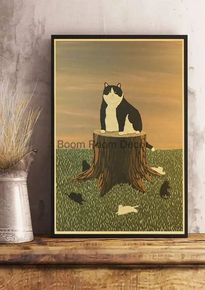 Whimsical black and white cat paper poster set for bedroom decor