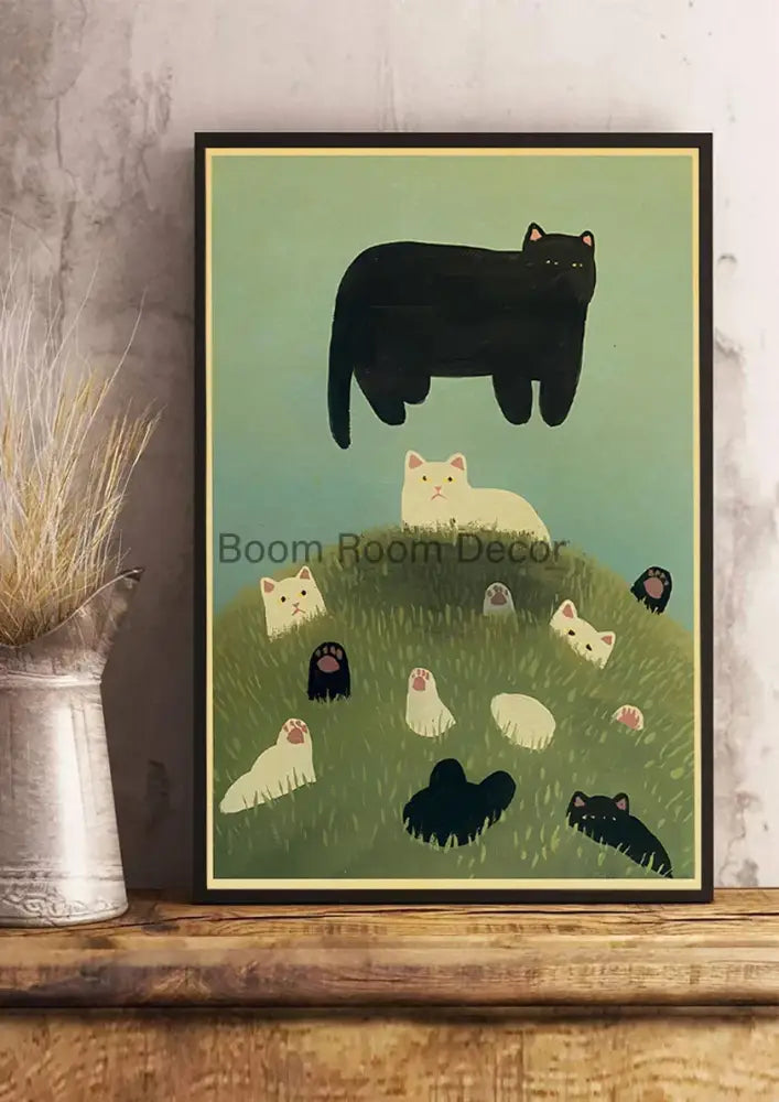 Whimsical black and white cat paper poster set for bedroom decor