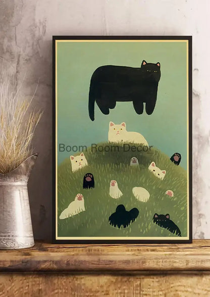 Whimsical black and white cat paper poster set for bedroom decor