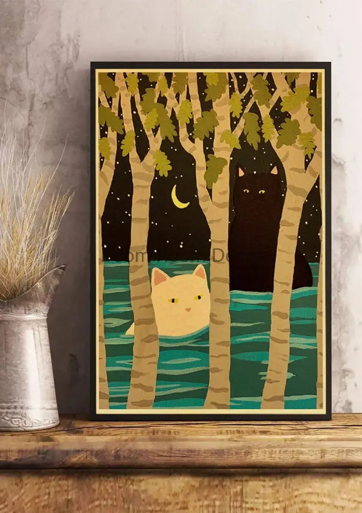Whimsical black and white cat paper poster set for bedroom decor
