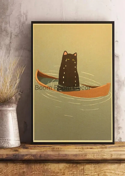 Whimsical black and white cat paper poster set for bedroom decor