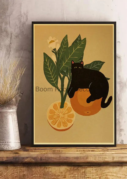 Whimsical black and white cat paper poster set for bedroom decor