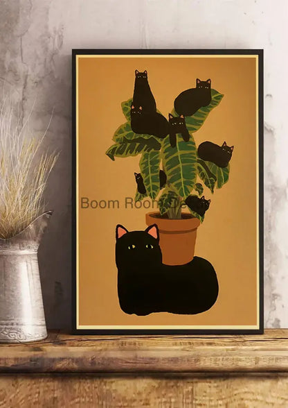 Whimsical black and white cat paper poster set for bedroom decor