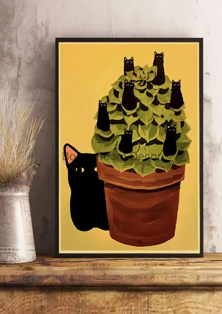 Whimsical black and white cat paper poster set for bedroom decor