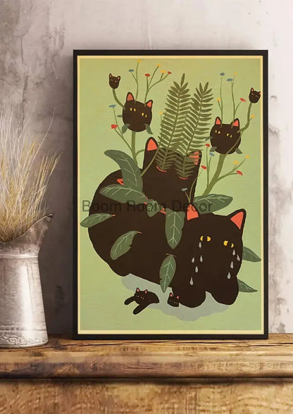 Whimsical black and white cat paper poster set for bedroom decor