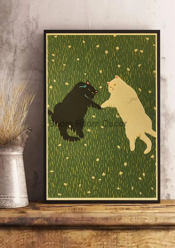 Whimsical black and white cat paper poster set for bedroom decor
