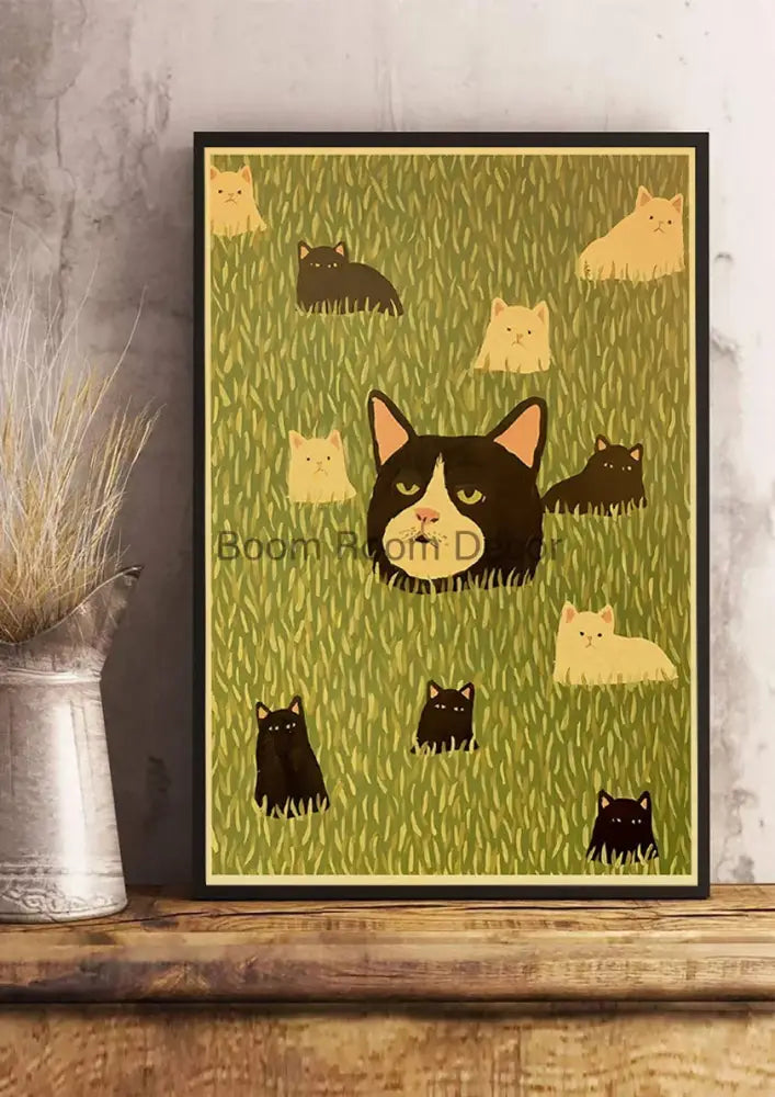 Whimsical black and white cat paper poster set for bedroom decor