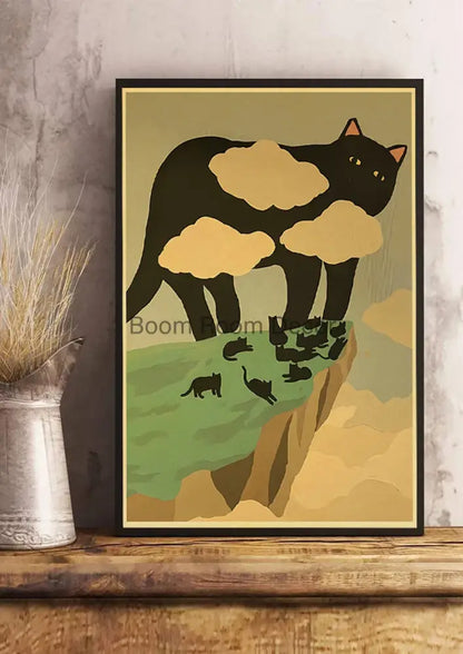 Whimsical black and white cat paper poster set for bedroom decor