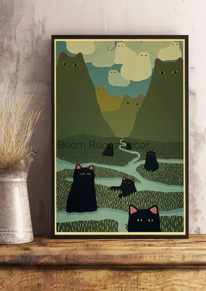 Whimsical black and white cat paper poster set for bedroom decor