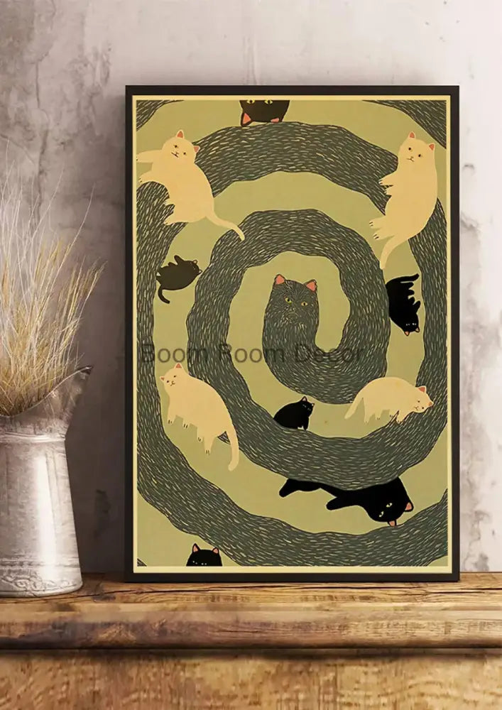 Whimsical black and white cat paper poster set for bedroom decor