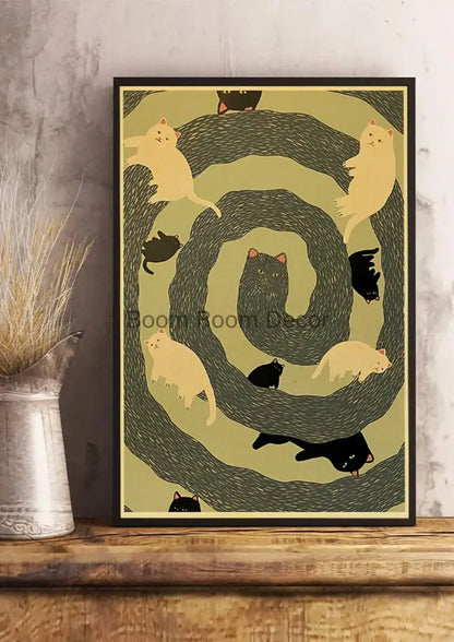 Whimsical black and white cat paper poster set for bedroom decor