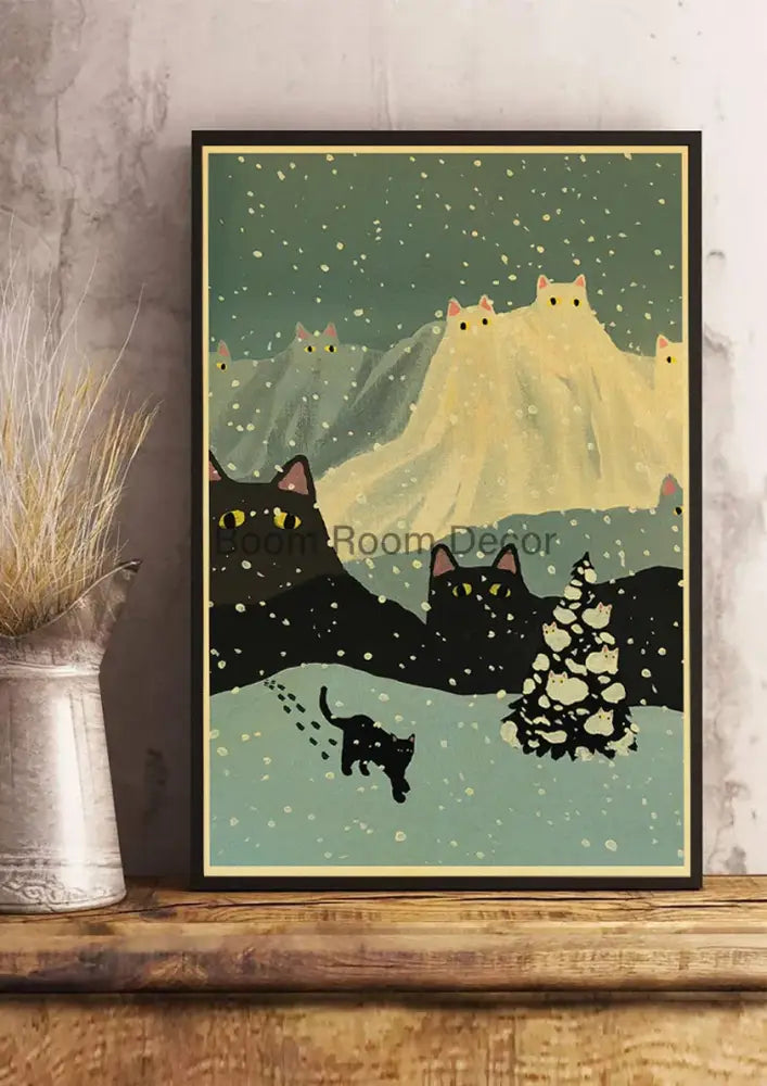 Whimsical black and white cat paper poster set for bedroom decor