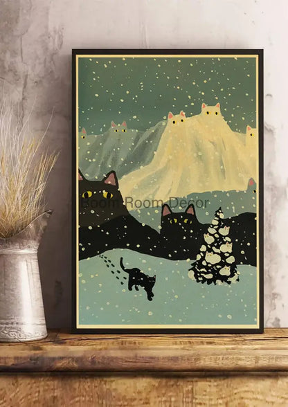 Whimsical black and white cat paper poster set for bedroom decor