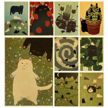 Whimsical black and white cat paper poster set for bedroom decor