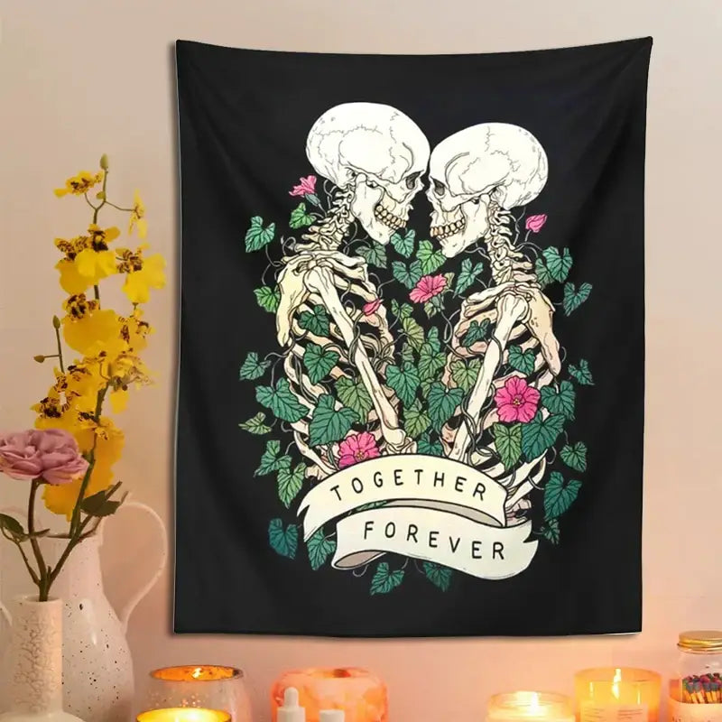 Boho black and pink lover skeleton tapestry wall hanging bedroom decor