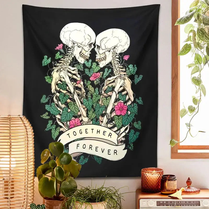 Boho black and pink lover skeleton tapestry wall hanging bedroom decor