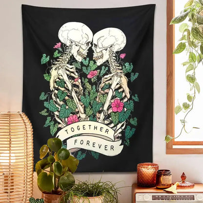 Boho black and pink lover skeleton tapestry wall hanging bedroom decor