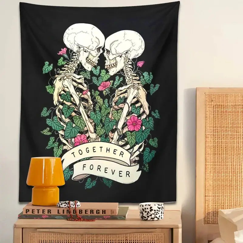 Boho black and pink lover skeleton tapestry wall hanging bedroom decor