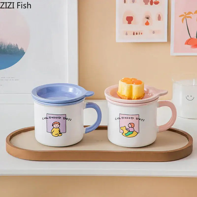 lovers cartoon pattern porcelain mug with lid dining room