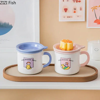 lovers cartoon pattern porcelain mug with lid dining room