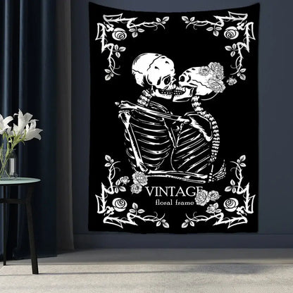 Lovers skull tapestry black & white bedroom skeleton wall decor