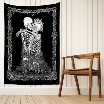 Lovers skull tapestry black & white bedroom skeleton wall decor