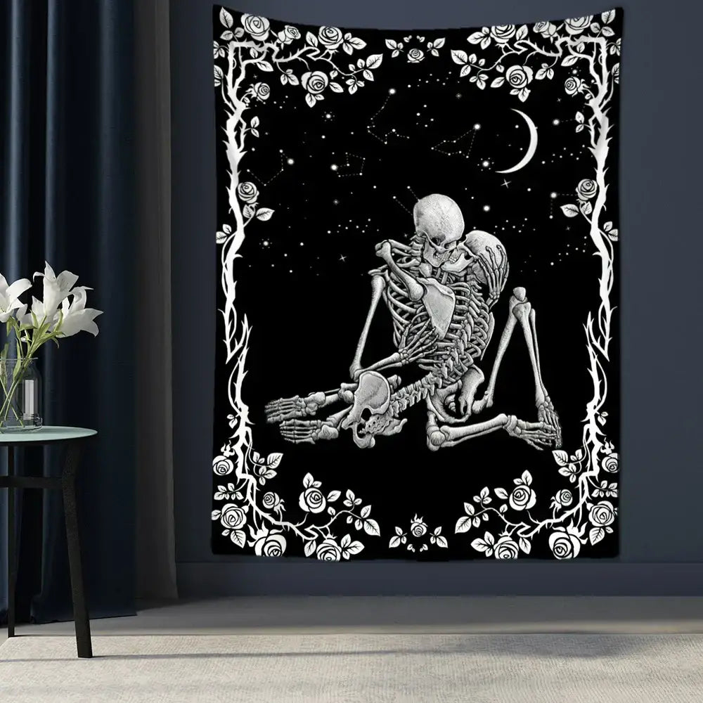 Lovers skull tapestry black & white bedroom skeleton wall decor