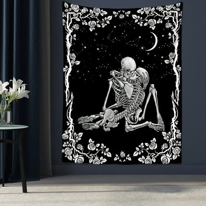 Lovers skull tapestry black & white bedroom skeleton wall decor