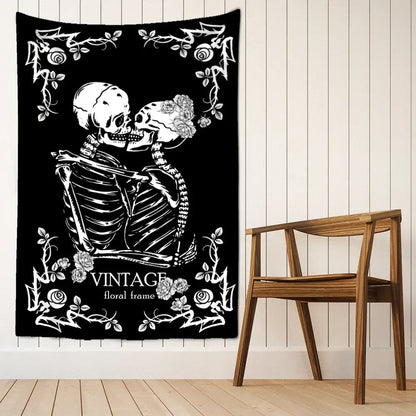 Lovers skull tapestry black & white bedroom skeleton wall decor