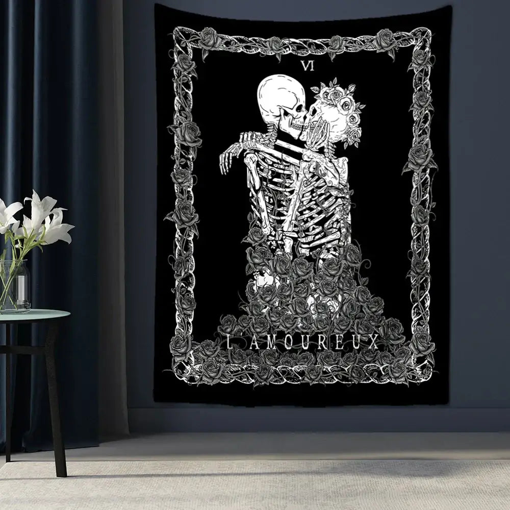 Lovers skull tapestry black & white bedroom skeleton wall decor
