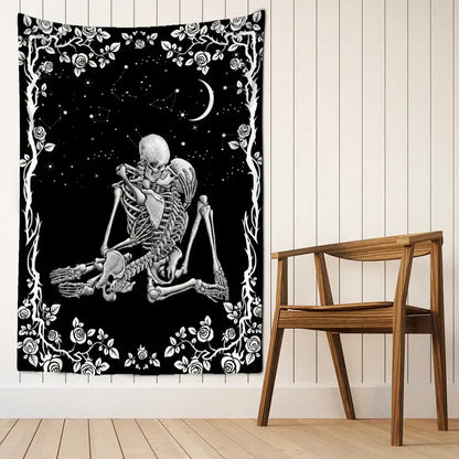 Lovers skull tapestry black & white bedroom skeleton wall decor