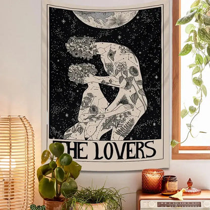 Boho beige and black lovers tarot tapestry bedroom wall decor