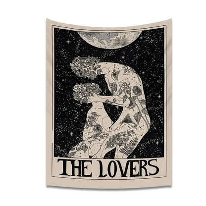 Boho beige and black lovers tarot tapestry bedroom wall decor
