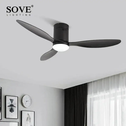 Modern black low floor ceiling fan with remote control bedroom light