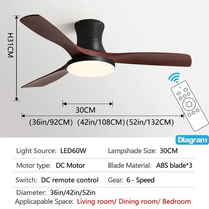 Modern black and dark wood low profile ceiling fan bedroom light