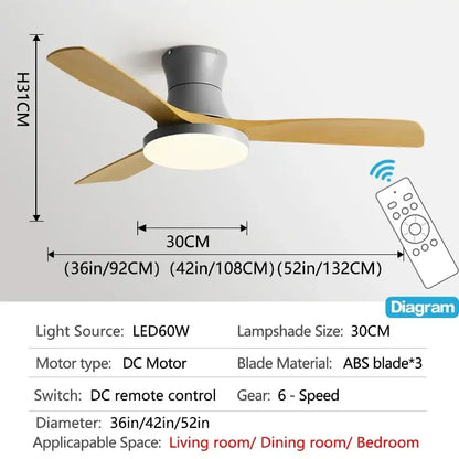 Modern black and dark wood low profile ceiling fan bedroom light