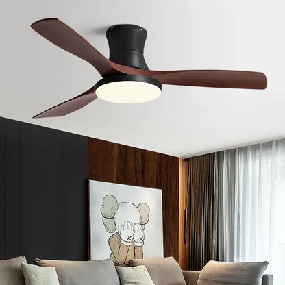 Modern black and dark wood low profile ceiling fan bedroom light