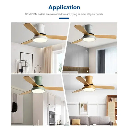 Modern green & wood low profile ceiling fan bedroom light