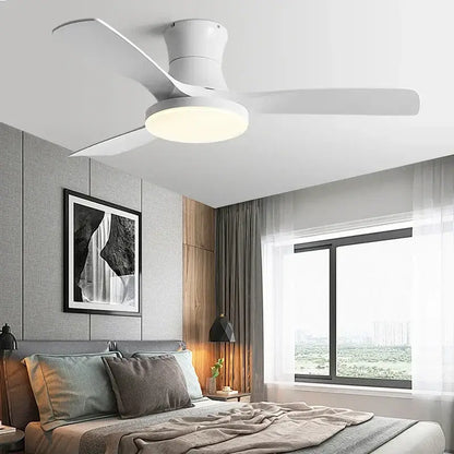 Modern black and dark wood low profile ceiling fan bedroom light