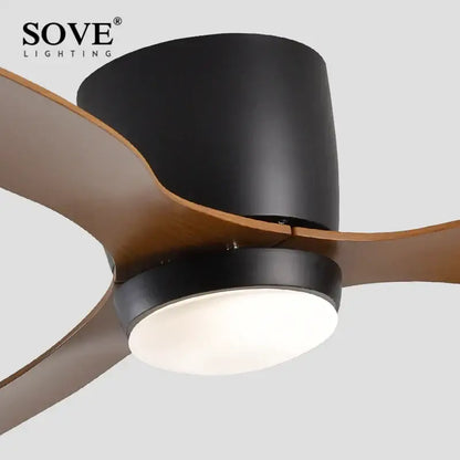 Modern black and wood low profile ceiling fan bedroom remote control