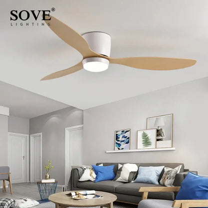 Modern black and wood low profile ceiling fan bedroom remote control