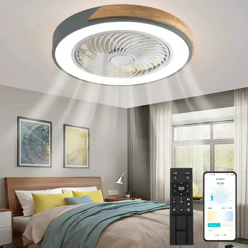 Modern gray & wood low profile ceiling fan bedroom led light