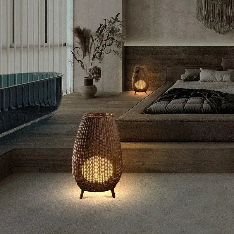 Handwoven natural rattan teardrop floor lamp for living room