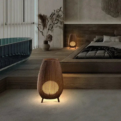 Handwoven natural rattan teardrop floor lamp for living room