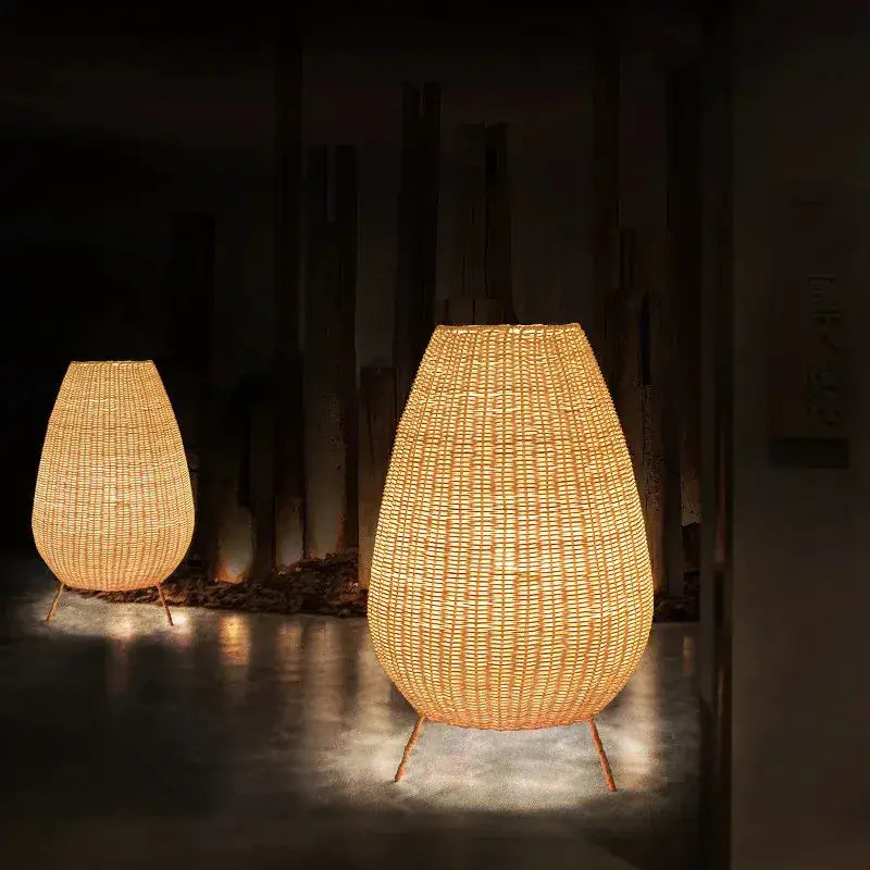 Handwoven natural rattan teardrop floor lamp for living room