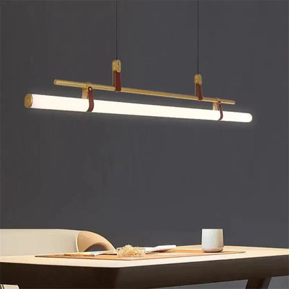 Modern minimalist brass & leather lucien tube chandelier dining room