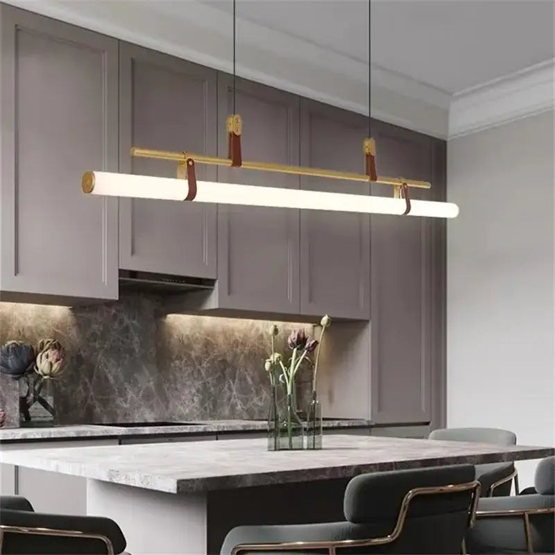 Modern minimalist brass & leather lucien tube chandelier dining room