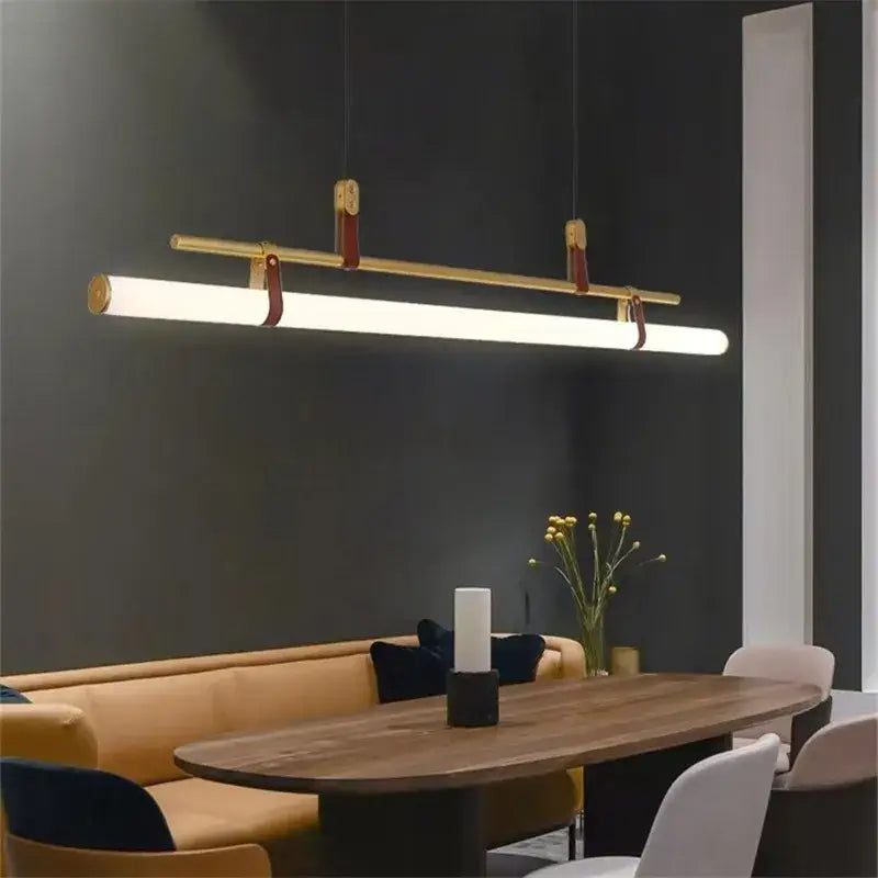 Modern minimalist brass & leather lucien tube chandelier dining room