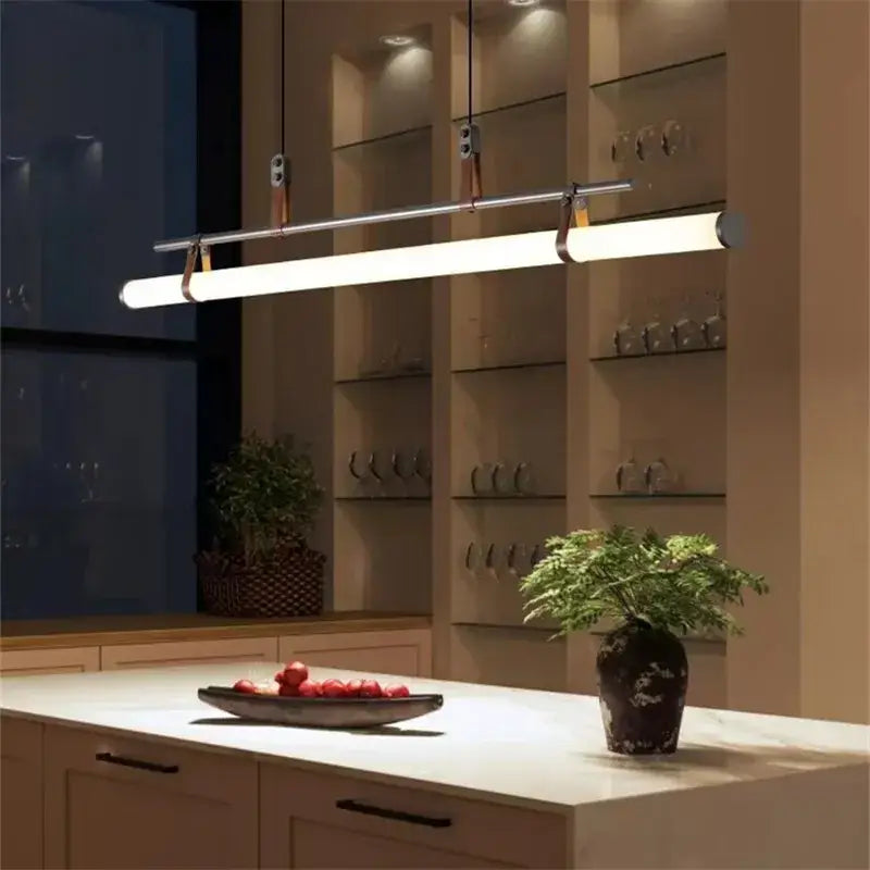 Modern minimalist brass & leather lucien tube chandelier dining room