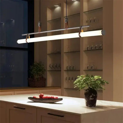 Modern minimalist brass & leather lucien tube chandelier dining room